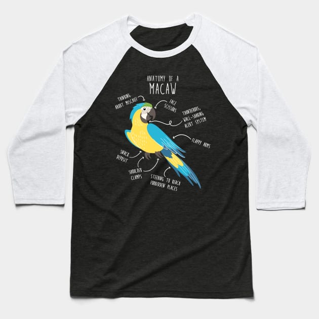 Blue and Gold Macaw Parrot Anatomy Baseball T-Shirt by Psitta